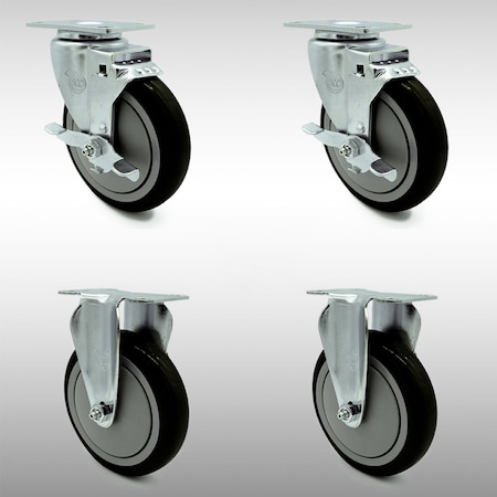 Service Caster 5 Inch SS Black Polyurethane Top Plate Caster Set with 2 Brake 2 Rigid SCC SCC-SS20S514-PPUB-BLK-TLB-2-R514-2